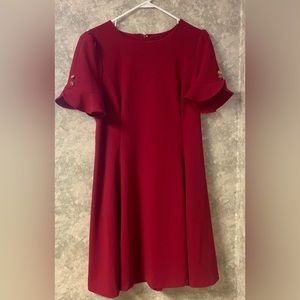 DKNY RED ALine Dress size 12 flared peplum  sleeve Logo Buttons below knee